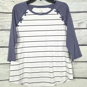Maurices L Blue White Stripe Lace-Up Raglan Top